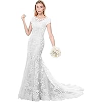 Modest Wedding Dress for Bride Short Sleeves Mermaid Floral Lace