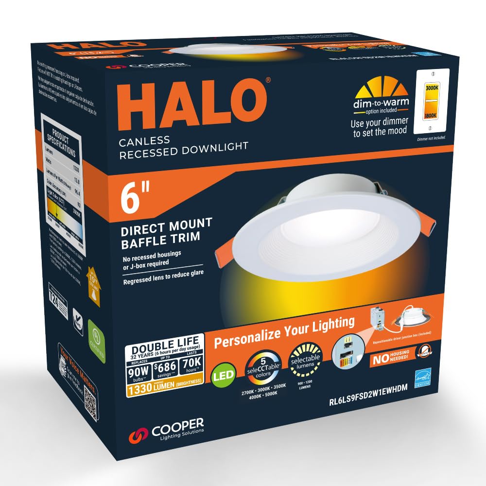 HALO RL 6 inch Canless Recessed Integrated LED Downlight, 900/1200 Selectable Lumens, 5CCT(2700K, 3000K, 3500K, 4000K, 5000K) with Dim to Warm, White