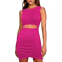 Pink Queen Women's Summer Crew Neck Sleeveless Cutout Ruched Ribbed Bodycon Mini Short Dress