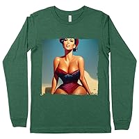 Kim Kardashian Style Long Sleeve T-Shirt - Beachwear T-Shirt - Print Long Sleeve Tee Shirt - Heather Forest, M
