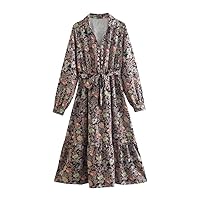 Women Vintage Floral Print Bow Tied Sashes Midi Shirt Dress Female Chic Long Sleeve Casual A Line Vestidos