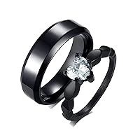 Promise Rings for Couples Set Stainless Steel, Wedding Anniversary Rings for Couples Black Ring 6MM Heart Cubic Zirconia Rings Size 6-13
