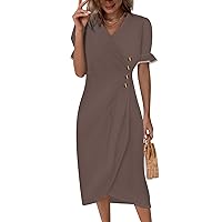 Dresses for Women 2024 Summer Elegant Wrap V Neck Casual Short Sleeve Buttons Ruched Hawaiian Maxi Beach Party Dress