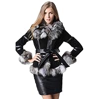 Winter Real Fur Coats with Waistband Genuine Leather Jacket for Women with Silver Fox Fur Collar & Cuff Trimming