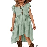 HOSIKA Girls Summer Dress Ruffle Sleeve Button Down Pleated Tiered Swing Casual Dresses with Pockets for 6-12 Years