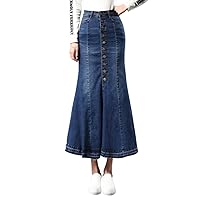 Women's High Waisted Stretched Button Front Maxi Long Denim Jean Mermaid Skirt