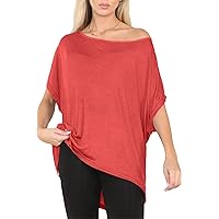Fashion Star Womens Loose Fit Ribbed Batwing Sleeve Hi-Low Plain Baggy One Shoulder T Shirt