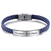Personalized Leather Bracelet Engraved Name/Text Bracelet for Men Father Friend Stainless Steel Tag Adjustable Braided Rope Bracelet Fashion Jewelry Gift for Anniversary Friendship