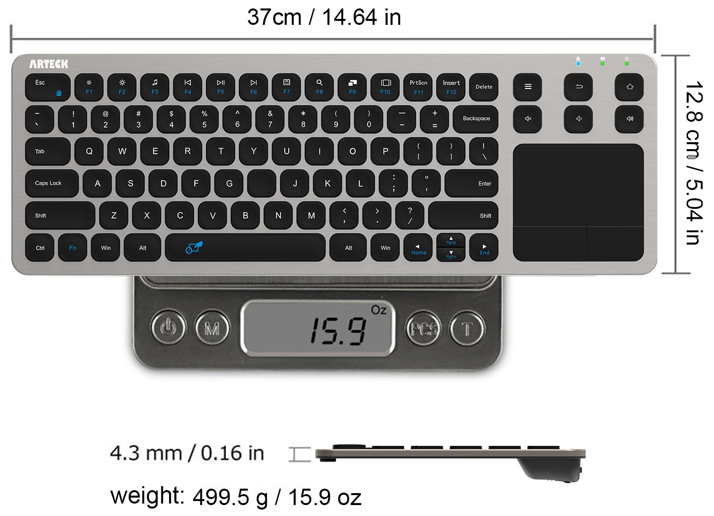 Wireless Keyboard, Arteck 2.4G Wireless Touch TV Keyboard with Easy Media Control and Built-In Touchpad Mouse Solid Stainless Ultra Compact Full Size Keyboard for TV-Connected Computer, Smart TV, HTPC
