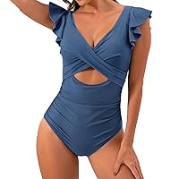 Women's Sexy Ruched Side One Piece Bathing Suit 2024 Fashion Swim Suits for Women Sexy Deep V Neck Bathing Suits for Women