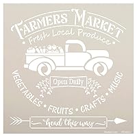 Farmers Market Stencil with Vintage Truck by StudioR12 | DIY Farmhouse Kitchen Home Decor | Open Daily | Paint Wood Sign | Select Size (18 x 18 inch)
