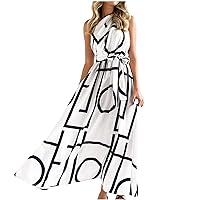 Women's Ruched One Shoulder Sleeveless Casual Summer Dresses 2023 Tie Waist Trendy Print Flowy Beach Boho Maxi Dress