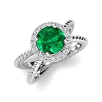 Round Lab Created Emerald and Diamond 2 1/2 ctw Womens Twisted Rope Cross Split Shank Halo Engagement Ring 14K Gold