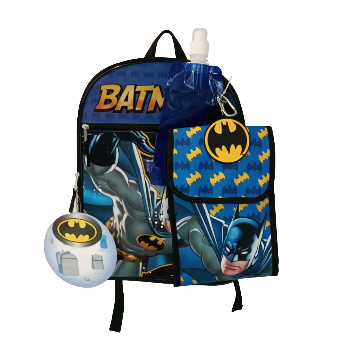 Fast Forward Batman Backpack Set for Kids - All-in-One Superhero Gear: Backpack, Lunch Box, Water Bottle, Keychains - Perfect Bookbag for School Going Boys 4-6