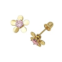 14k Yellow Gold October Pink 3x3mm CZ Flower Screw Back Earrings Measures 8x8mm Jewelry for Women