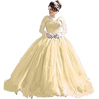 Long Sleeves Prom Dresses V Neck Lace Applique Quinceanera Ball Gown