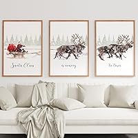 DOLUDO Set of 3 Prints Santa Claus Is Coming To Town Poster Canvas Painting Santa Sleigh and Reindeers Wall Art Pictures for Living Room Xmas Holiday Wall Decor With Inner Frame