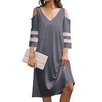 Women's Boho Dresses 2024 V-Neck Vintage Solid Color Printed Splicing Strapless Seven Sleeve Casual Dresses, S-3XL