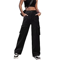 ZMPSIISA Women High Waisted Cargo Pants Wide Leg Casual Pants 6 Pockets Combat Military Trousers