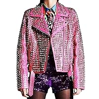 New Women Stylish Hot Pink Fashion Full Silver Studded Punk Biker Leather Jacket