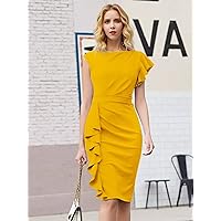 Womens Dress Dresses Ruffle Trim Slit Hem Pencil Dress ENVEED (Color : Yellow, Size : XX-Large)