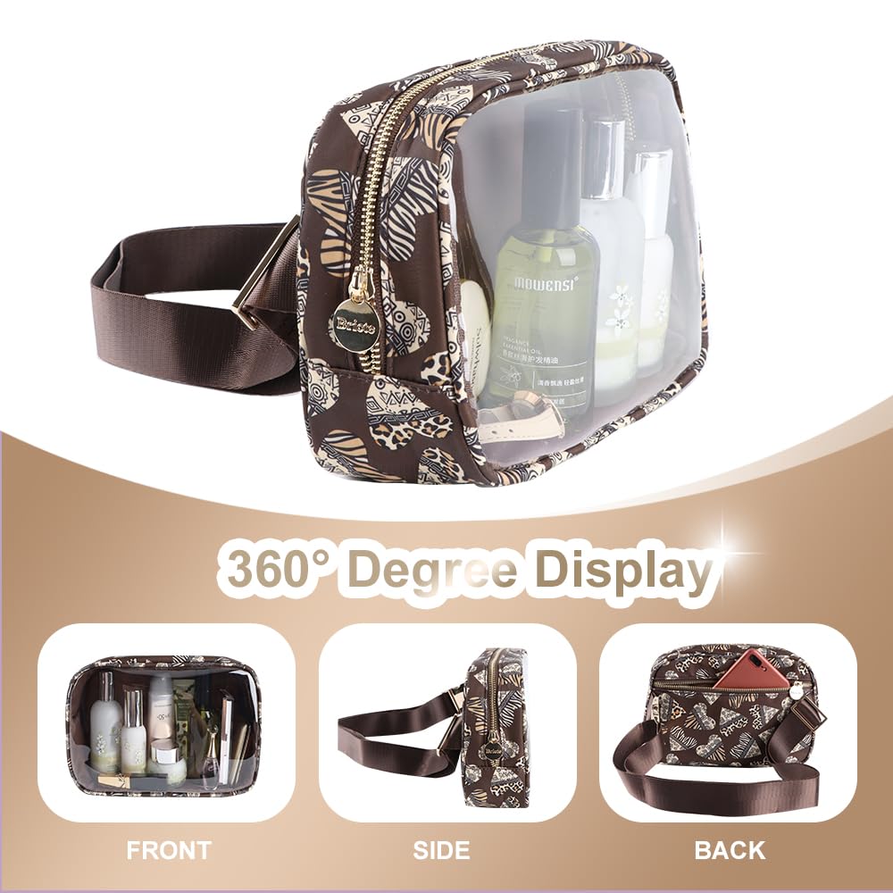 Bricte Large Clear Waist Pack Transparent Fashion TPU and Nylon Belt Pack Women Crossbody Bags (Brown-Heart, Large)
