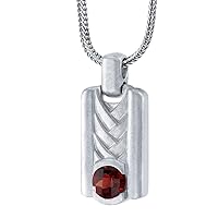 PEORA Garnet Chevron Pendant Necklace for Men in Sterling Silver, Round Shape, Brushed Finished, with 22-Inch Italian Chain