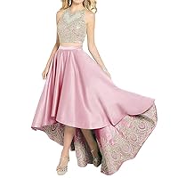 Women's Hi-Low Formal Dresses Satin Lace A-Line Two Piece Prom Dresses with Pockets Pink