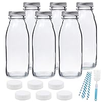 16oz Glass Milk Bottles with Reusable Metal Twist Lids and Straws for Beverage Glassware and Drinkware Parties, Weddings, BBQ, Picnics, 6 Pack