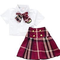 Girls School Uniforms Checkered Shirt Top + Skirts + 3pcs Floral Handkies