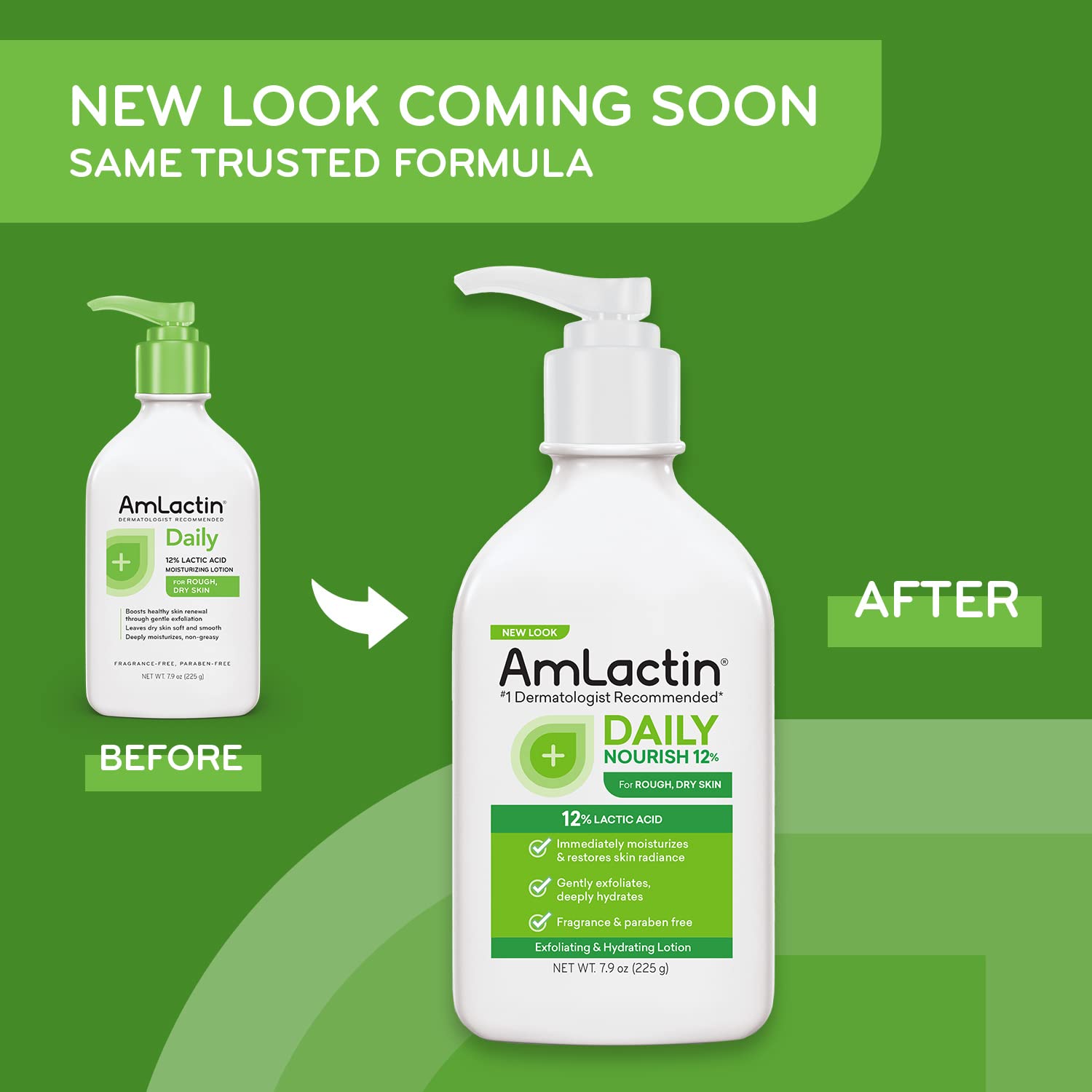 AmLactin Daily Moisturizing Lotion for Dry Skin – 7.9 oz Pump Bottle – 2-in-1 Exfoliator - Body Lotion with 12% Lactic Acid, Dermatologist-Recommended (Packaging May Vary)
