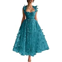 3D Butterfly Tulle Prom Dresses for Women Tea Length Lace Appliques Formal Evening Party Gowns 2024