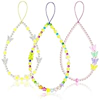 3PCS Beaded Phone Strap, Colourful Flower Pearl Butterfly Phone Charm, Handmade Polymer Clay Acrylic Beads Anti-Lost Lanyard Wrist Phone Chain for Women Girls