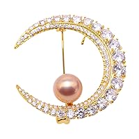 Moon Brooch 11mm Golden Lavender Freshwater Pearl Brooch Pin Dotted with Zircons