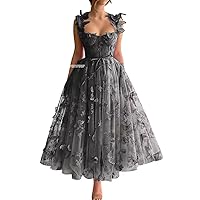 Women's Tulle Prom Dresses Long 3D Butterfly Spaghetti Straps Formal Evening Gowns with Slit Tea Length Party Dress
