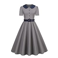 Women Peter Pan Collar Contrast Vintage Cocktail Dress 50s 60s Button Up 1950s Rockabilly Prom Evening Dress &Belt
