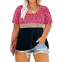 RITERA Plus Size Tops for Women 3X Short Sleeve Leopard Print Shirt Color Block Sequins Tunics Crewneck Summer Casual Loose Blouses Leopard - Hot Pink 3XL