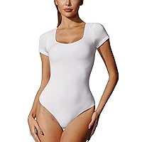 Ewedoos Womens Bodysuit Short Sleeve Bodysuits for Women Tummy Control Double Lined Body Suits for Womens Scoop Neck Tops