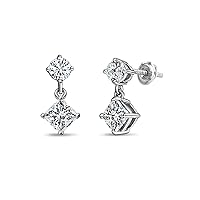 Princess & Round Lab Grown White Diamond Minimalist Drop Earrings for Her in 925 Sterling Silver