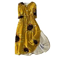 Wedding Guest Dresses for Women Summer Lapel Button A-Line Swing Dress Solid/Floral Print Flowy Long Dresses
