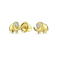Tiny Minimalist CZ Accent Zoo Animal Wildlife Lucky Up Trunk Wise Elephant Real Yellow 14K Gold Stud Earrings For Women Teen Screw Back