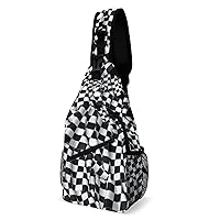 Black and White Plaid Racing Flag Sling Bag Full Print Crossbody Backpack Shoulder Bag Lightweight One Strap Travel Hiking Daypack