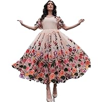 Short Sleeve Embroidered Floral Formal Prom Graduation Dress Party Birthday Evening Gown Pink
