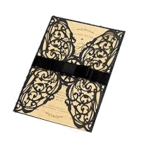 100 Sets 4.9 x 7 ''Laser Cut Wedding Invitations Cards with Ribbon and Envelopes For Birthday Baby Shower Wedding Rehearsal Dinner Invite (Black)