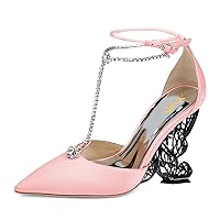 XYD Women Elegant Crystal T-Bar Pumps Pointed Toe Butterfly Block High Heels Ankle Strappy Party Shoes