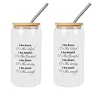 2 Pack Glass Cup 16 Oz with Lids Straws I Am Brave,I Am Kind,I Am Helpful,I Am Grateful,I Am Smart,I Am Strong Glass Cup Gift for Mother Day Cups For Juice Coffee Soda Drinks