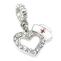 Sterling Silver Cubic Zirconia RN Nurse Cap Hat European Dangle Heart Bead Charm