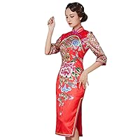 Qipao Autumn and Winter Women Silk Printing Chinese Cheongsam Wedding Red Evening Dress