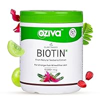 OZiva Plant Based Biotin for Hair Growth 10000mcg+ with Amla for Men & Women, Biotin Supplement to Support Hairfall Control & Healthier Skin, Certified Clean & Vegan, 125 gm Powder