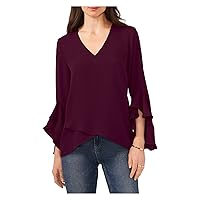 Vince Camuto Womens Burgundy Gathered Flutter Sleeve V Neck Tunic Top S